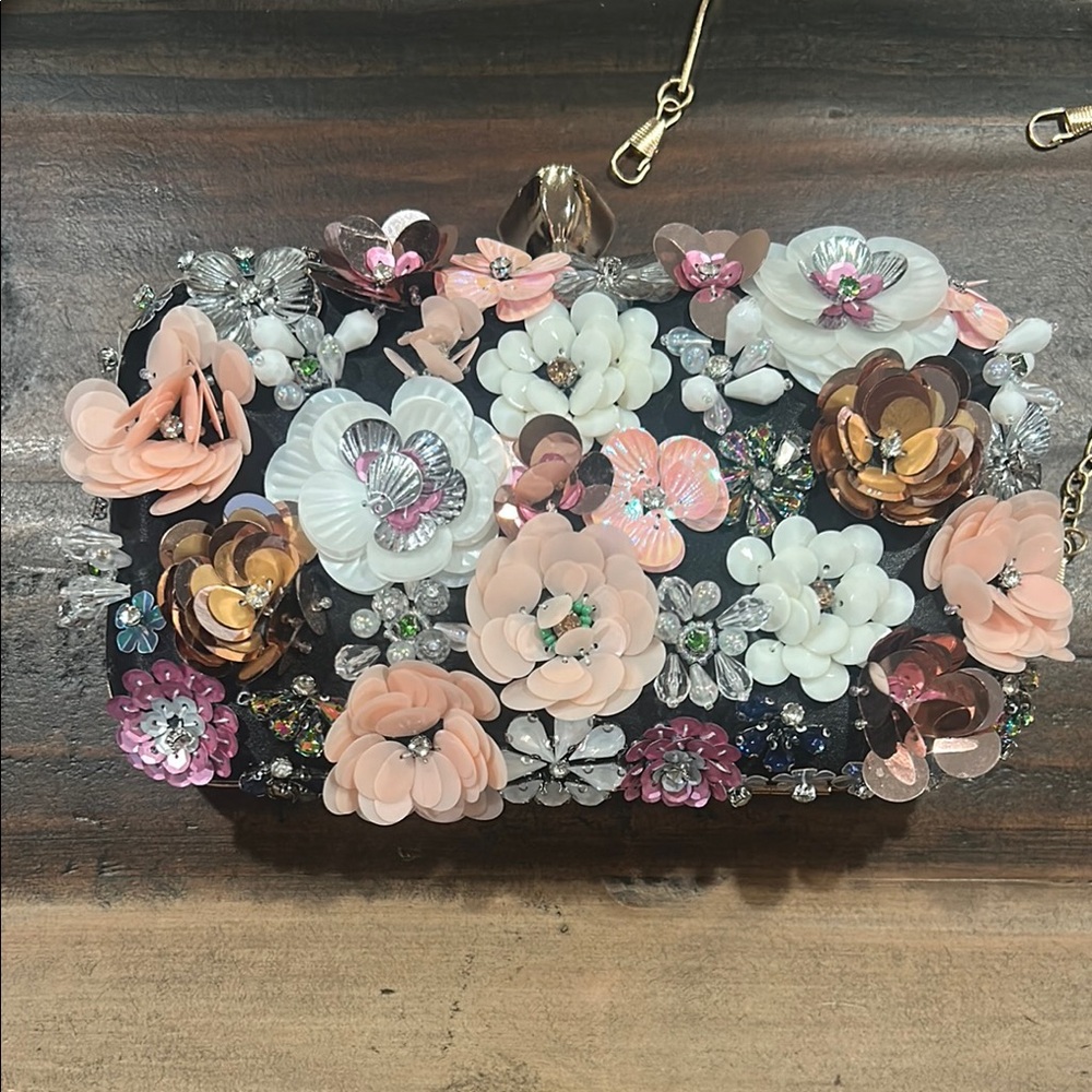 Embellished Floral Evening Clutch - Black with Pink & White Flowers
